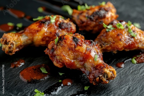 Wallpaper Mural Crispy Fried Chicken Wings with Spicy Barbecue Sauce and Fresh Herbs on a Dark Slate Background, Perfect for Appetizers and Party Platters Torontodigital.ca