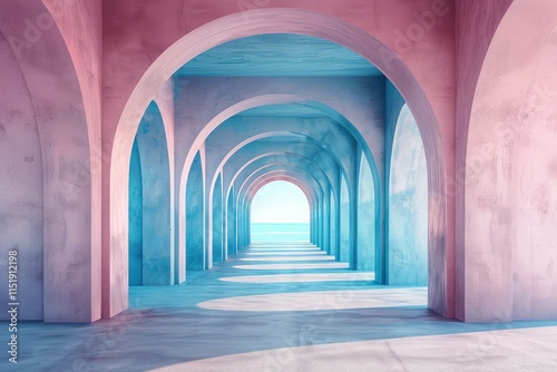 an architectural corridor with arched columns and a simple geometric background, emphasizing clean lines and spatial depth pastel background