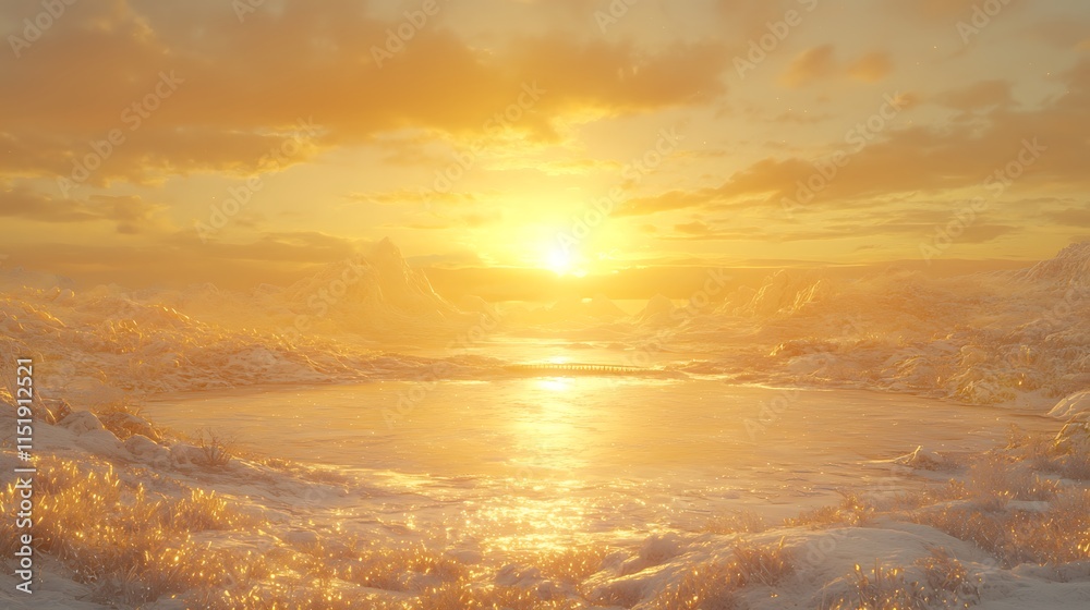 Golden Hour Winter Landscape Frozen Lake Mountains Sunset Golden Hour Winter Landscape Frozen Lake Mountains Sunset