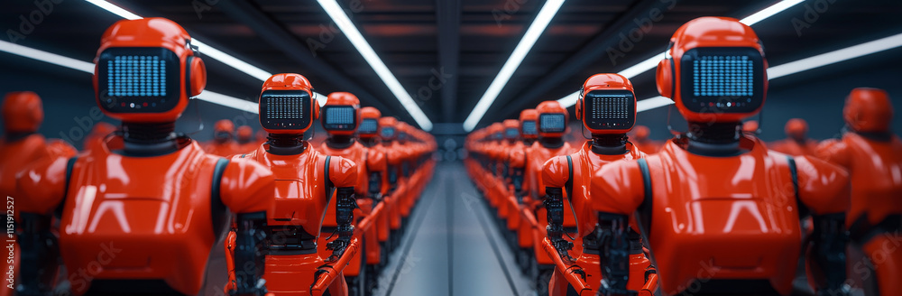 Fototapeta premium Robotic assembly line with multiple red robots in modern fac ry
