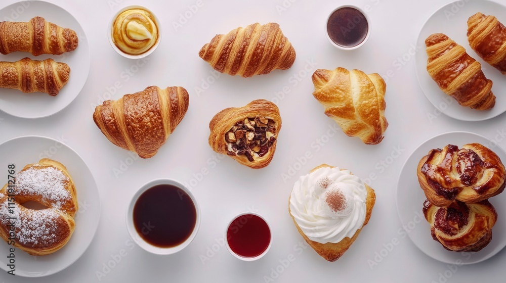 Assorted Pastries and Beverages Arranged on White Surface