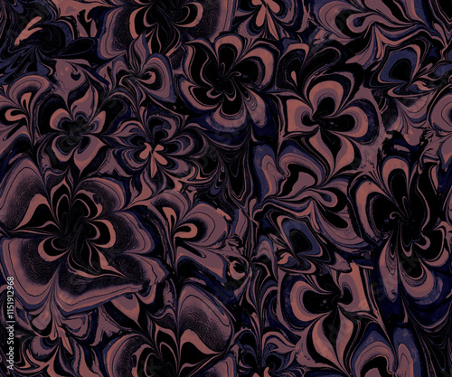 Dark abstract fluid flowers seamless pattern in brown tones. Perfect for textile, package, packaging, posters, wall decor, wallpaper, fabric. Contemporary Liquid Art. 