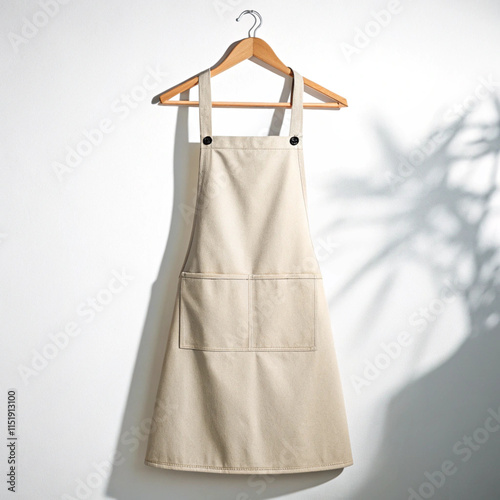 Beige apron hanging on white wall with shadow