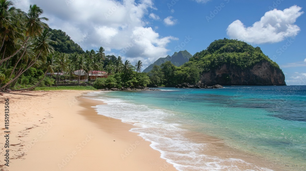 Tropical Beach Scene With Palm Trees And Lush Mountains Tropical Beach Scene With Palm Trees And Lush Mountains