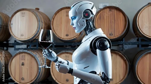 A robot is holding a wine glass and standing in front of a row of barrels. The robot is wearing a white outfit and has a blue face. The scene is set in a wine cellar