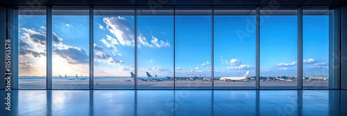 Modern airport interior with panoramic windows showcasing aircraft and clear skies
