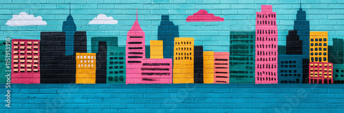 Colorful city skyline mural with vibrant buildings and clouds