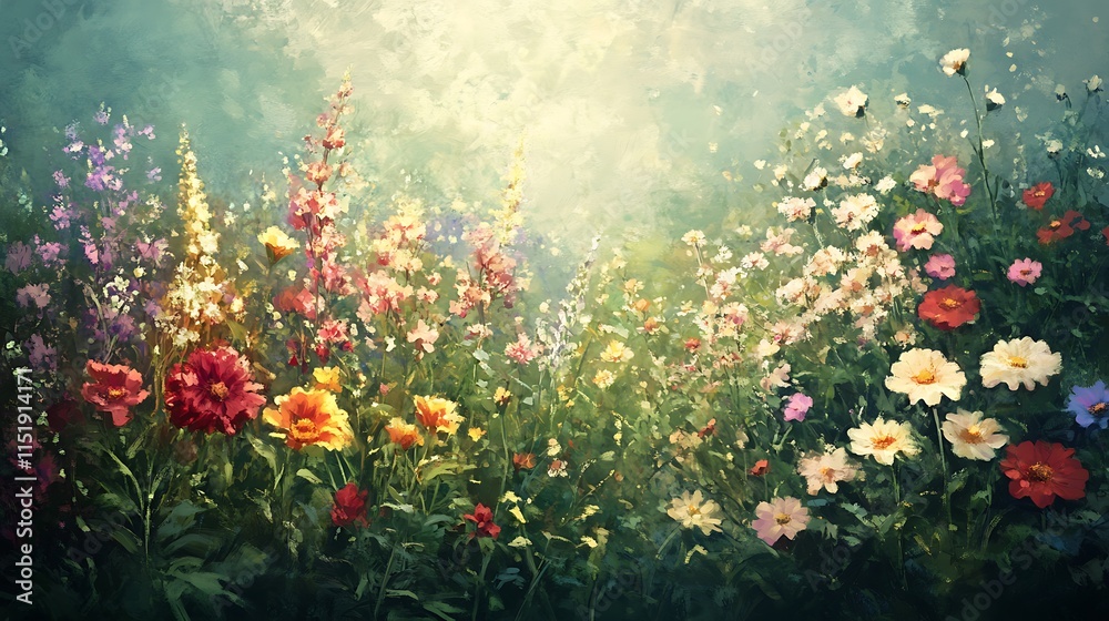 Obraz premium A Vibrant Watercolor Painting of a Summer Garden Filled with Blooming Flowers
