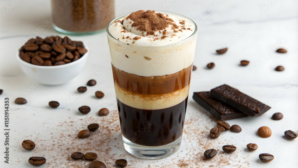 Layered Coffee Drink with Whipped Cream and Cocoa Powder Layered Coffee Drink with Whipped Cream and Cocoa Powder