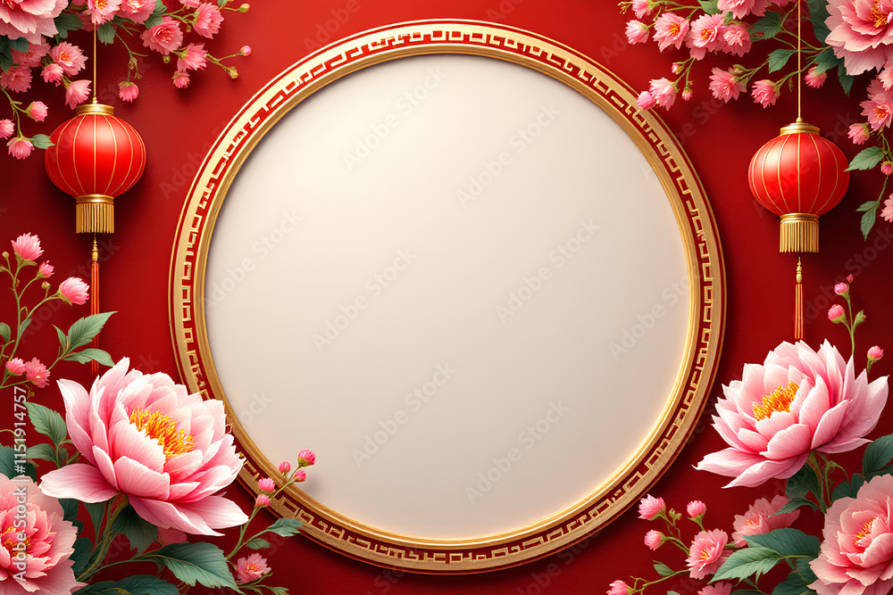 Decorative Circular Frame with Lanterns and Flowers Decorative Circular Frame with Lanterns and Flowers