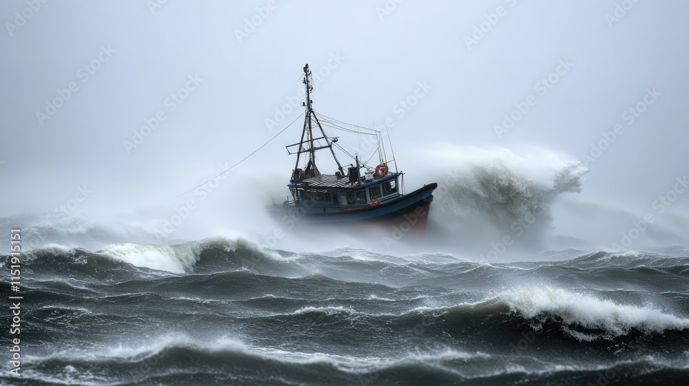 A fishing boat struggling in open waters under the violent winds and towering waves of a super typhoon A fishing boat struggling in open waters under the violent winds and towering waves of a super typhoon