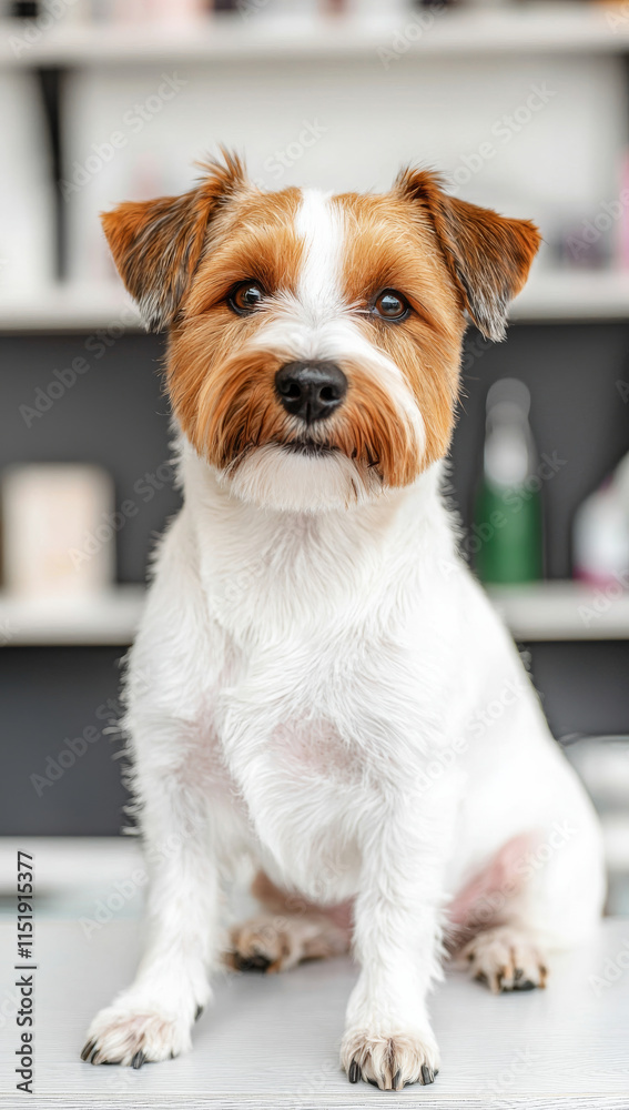 cute dog with fluffy coat sitting on table, looking curious and playful cute dog with fluffy coat sitting on table, looking curious and playful
