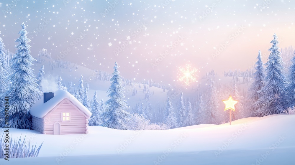 Naklejka premium Cozy Winter Cabin in Snowy Mountain Landscape.