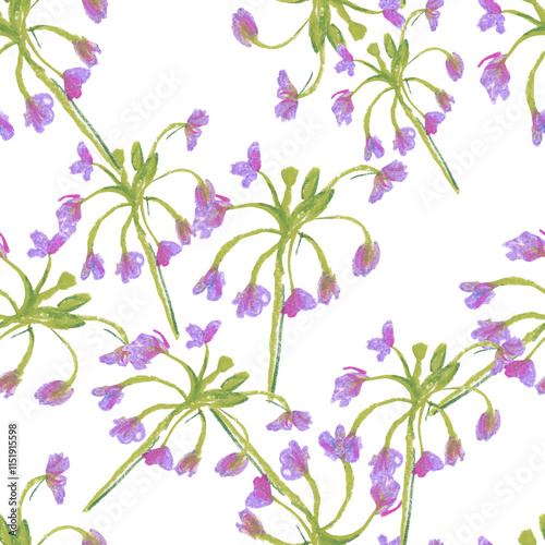Purple and blue flowers wax crayons seamless pattern on white isolated background. Textural and botanical repeating pattern. Design for textiles, wrapping paper and wallpaper.