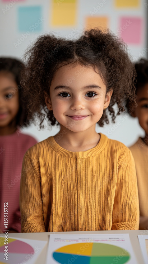 Happy young girl with curly hair smiling in classroom setting Happy young girl with curly hair smiling in classroom setting