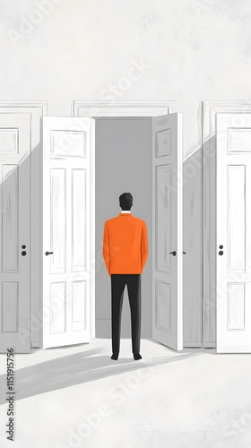 A man stands in front of an open door, and behind him stand three closed doors.