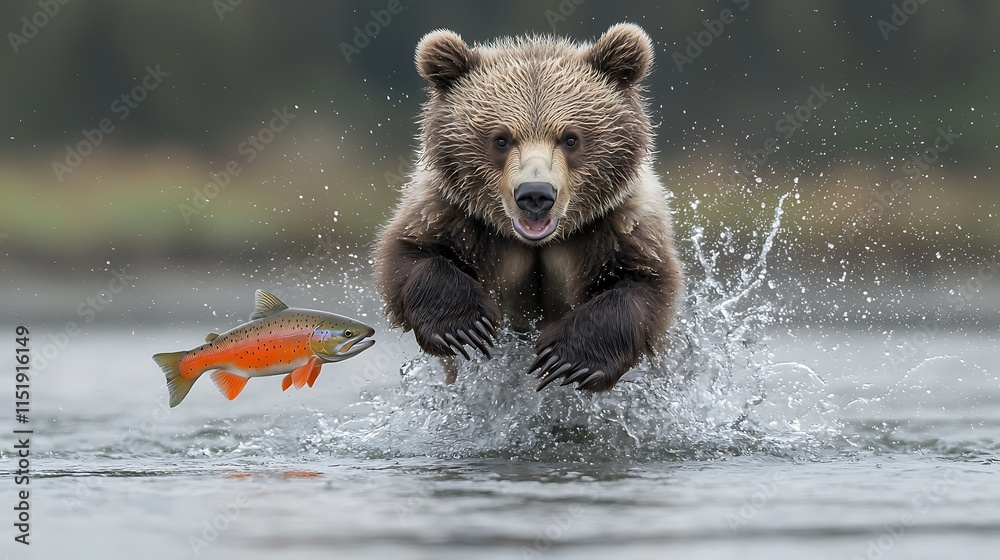Obraz premium Grizzly Bear Cub Catching Salmon Fish in River
