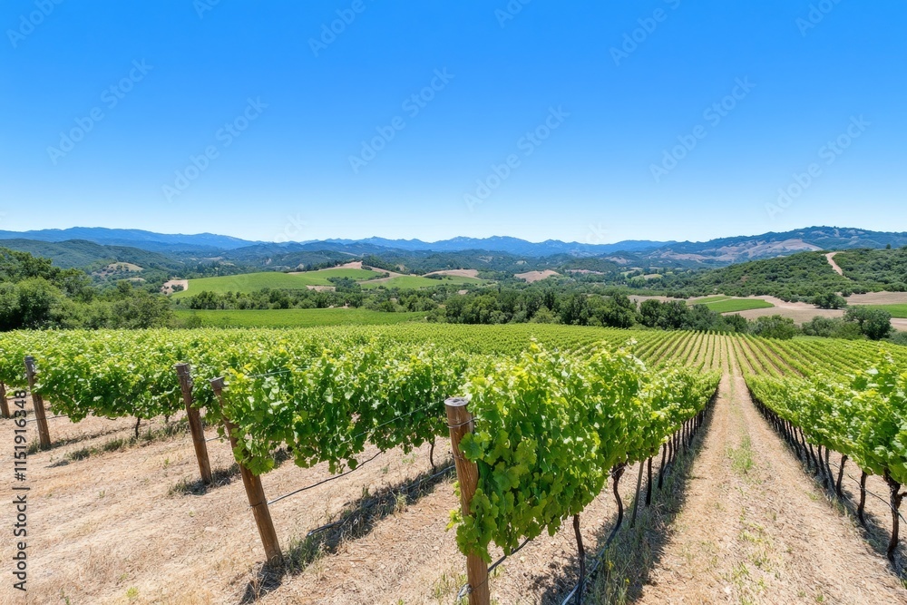 A scenic vineyard with rows of green grapevines stretching into the distance under a bright blue sky A scenic vineyard with rows of green grapevines stretching into the distance under a bright blue sky