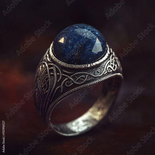 Ornate silver ring with blue gemstone and intricate celtic design photo