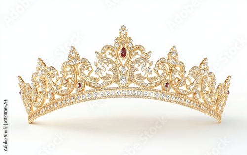 A regal 3D-rendered golden crown featuring ornate designs and encrusted with sparkling jewels.  photo