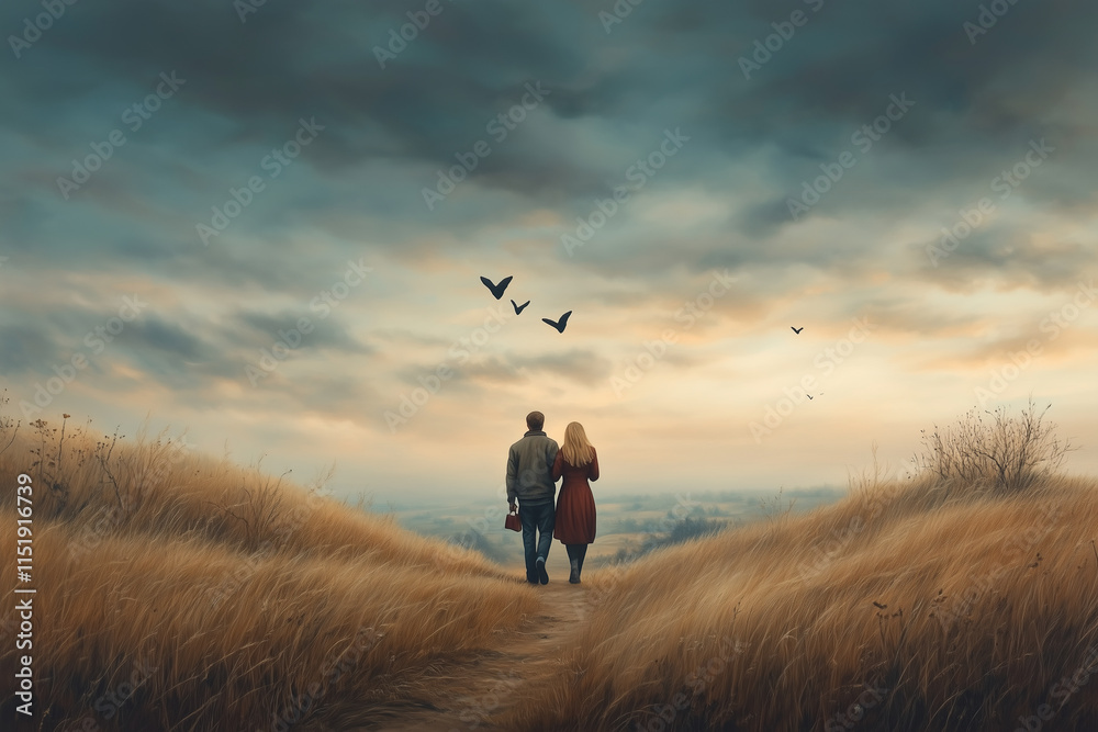 Man and woman walking hand in hand on the path, grassy hills with birds flying overhead, cloudy sky Man and woman walking hand in hand on the path, grassy hills with birds flying overhead, cloudy sky