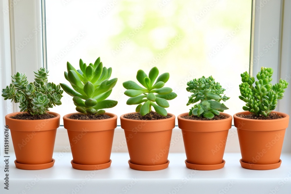 Fototapeta premium A series of potted plants arranged by size, from tiny sprouts to fully grown flowers, in a sunny windowsill