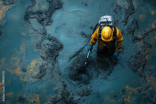 Person cleans polluted reservoir water with specialized equipment to improve environmental quality photo