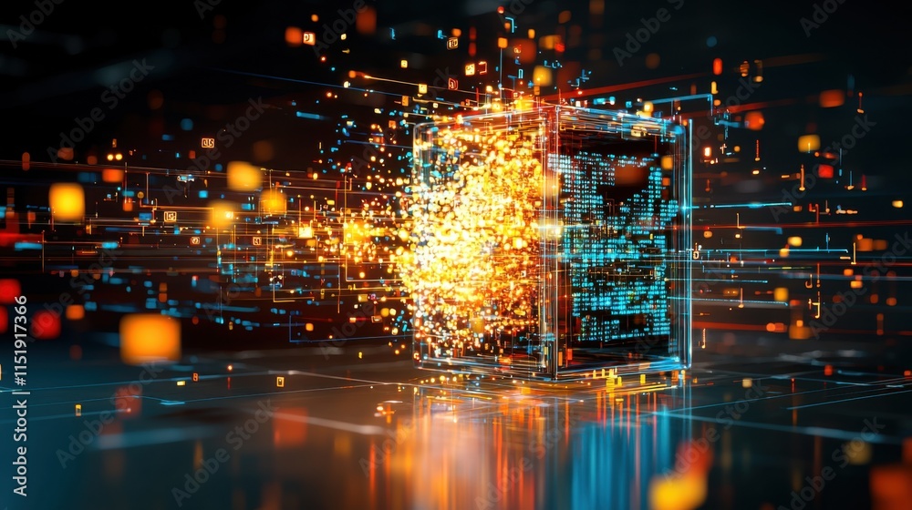 Fototapeta premium Data Explosion - Abstract Numbers and Streams Bursting from Metallic Box