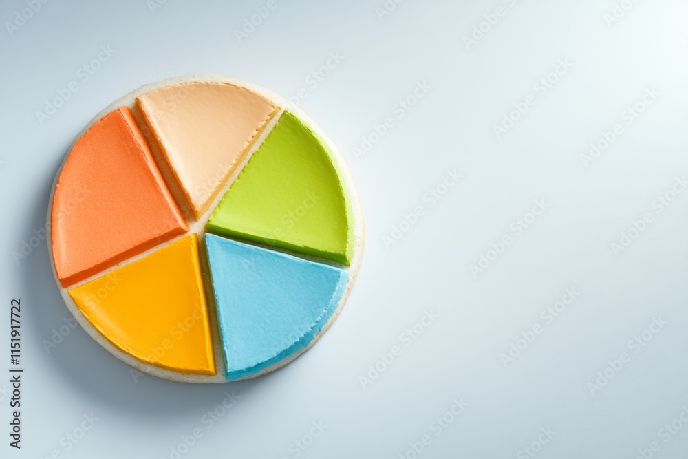 A simple pie chart illustration divided into vibrant colors, placed on a smooth, uncluttered white surface A simple pie chart illustration divided into vibrant colors, placed on a smooth, uncluttered white surface