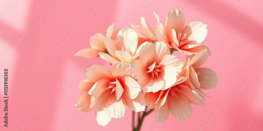 Fototapeta premium Delicate peach blossoms with soft petals bathed in gentle light against a soft pink background.
