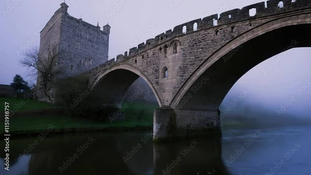 Misty Morning at a Historic Stone Bridge Over a River With Serene Surroundings and Walking Path Misty Morning at a Historic Stone Bridge Over a River With Serene Surroundings and Walking Path