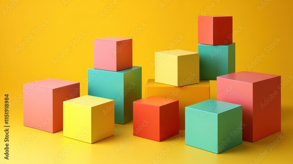 Obraz premium Abstract Colorful Cube Composition: A Vibrant 3D Render of Geometric Shapes on Yellow Background
