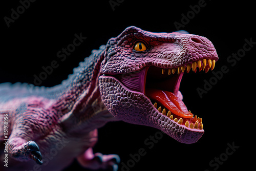 Plastic cute adult tyrannosaur with yellow eyes roaring photo