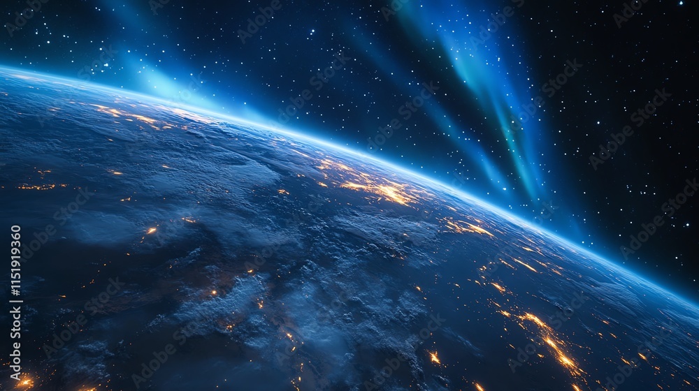 Breathtaking view of Earth from space, highlighted by vivid auroras and glowing city lights.