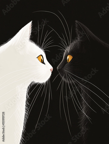 Minimalist illustration of two cats in contrasting black and white tones with colorful backgrounds, perfect for animal-themed decoration or design photo