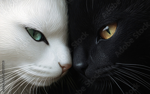 Minimalist illustration of two cats in contrasting black and white tones with colorful backgrounds, perfect for animal-themed decoration or design photo