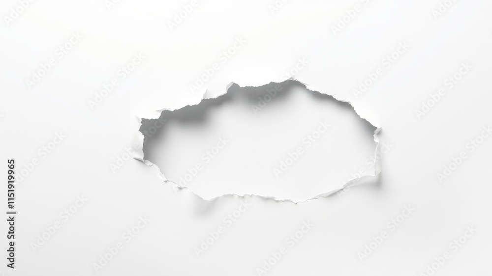 A torn hole in a white sheet of paper revealing a blank space with a jagged edge A torn hole in a white sheet of paper revealing a blank space with a jagged edge