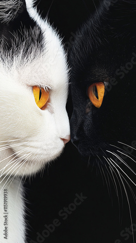 Minimalist illustration of two cats in contrasting black and white tones with colorful backgrounds, perfect for animal-themed decoration or design photo