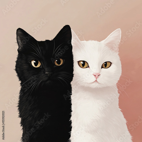 Minimalist illustration of two cats in contrasting black and white tones with colorful backgrounds, perfect for animal-themed decoration or design photo