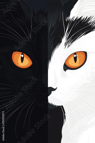 Minimalist illustration of two cats in contrasting black and white tones with colorful backgrounds, perfect for animal-themed decoration or design photo