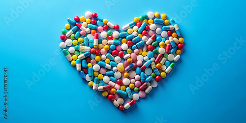 A vibrant collection of various pills and capsules are artistically arranged in the shape of a heart against a bright blue background, symbolizing health and wellness