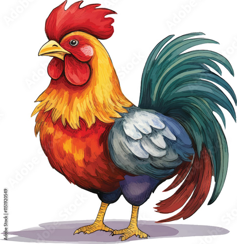 Watercolor vector of a cartoon rooster animation, isolated on a white background, eps file.