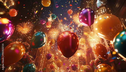 Festive balloons and fireworks celebration night