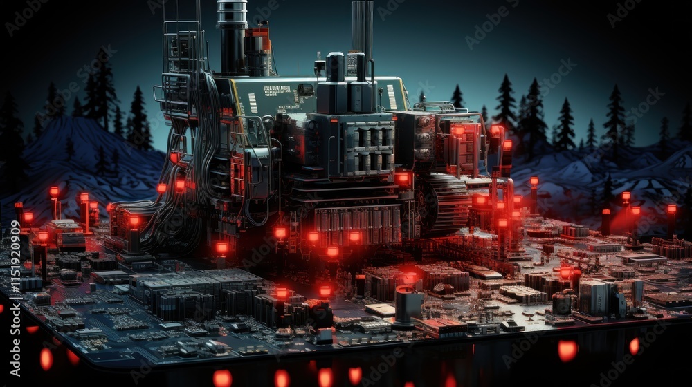 Obraz premium Cyberpunk Mountaintop Machinery: A Futuristic Digital Landscape