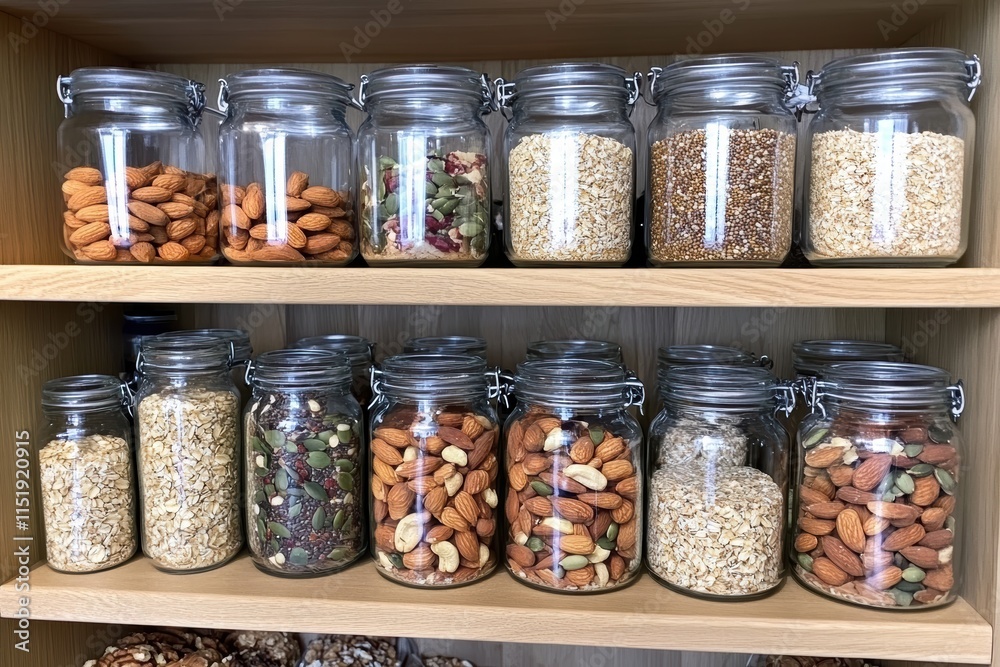 Healthy products shelf with nuts, seeds, and cereals for nutritious living Healthy products shelf with nuts, seeds, and cereals for nutritious living