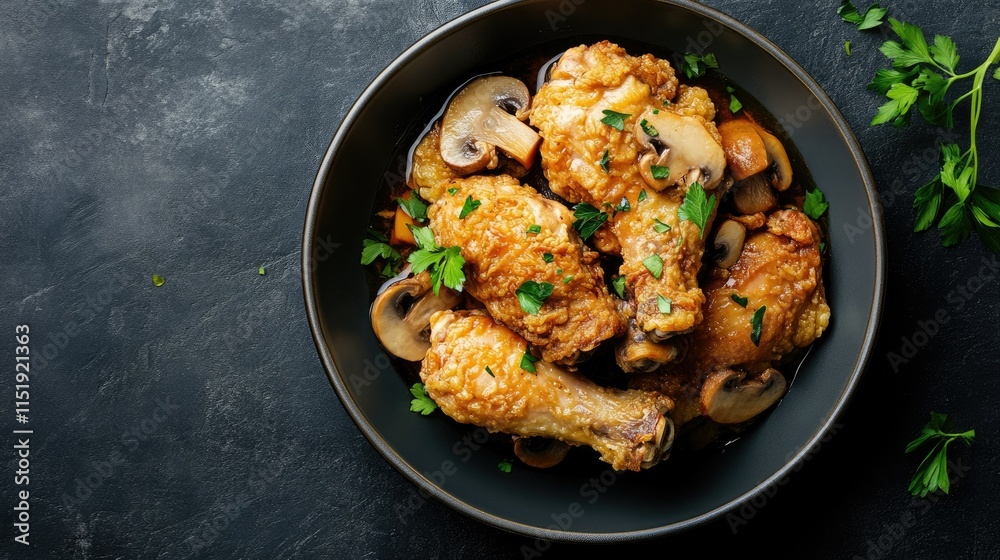 Fried chicken with champignons and oregano in a rich sauce, styled on a dark background with clean text space for recipes or ads. Fried chicken with champignons and oregano in a rich sauce, styled on a dark background with clean text space for recipes or ads.