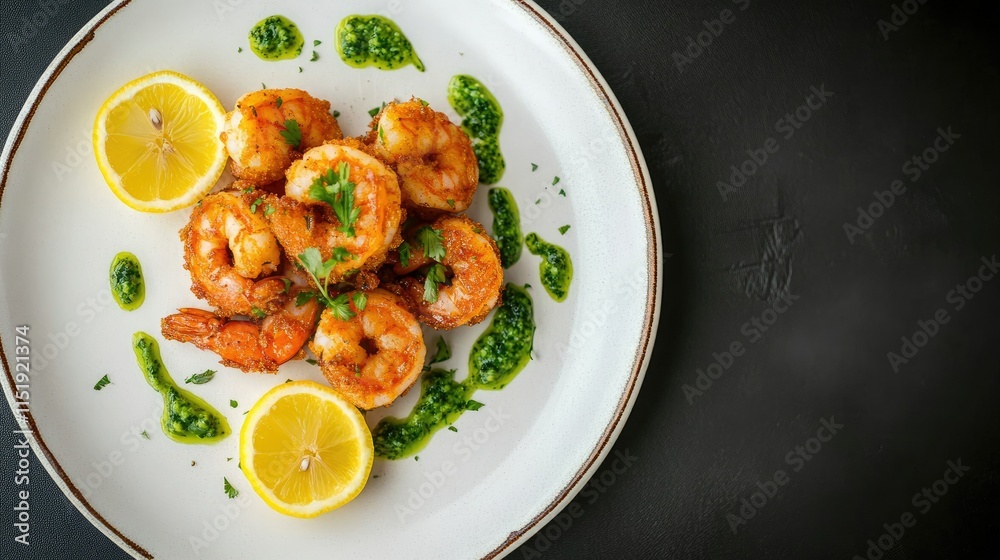 Fried shrimps with tangy lemon slices and fresh green sauce, artfully plated and shot top view with a blank area for text. Fried shrimps with tangy lemon slices and fresh green sauce, artfully plated and shot top view with a blank area for text.
