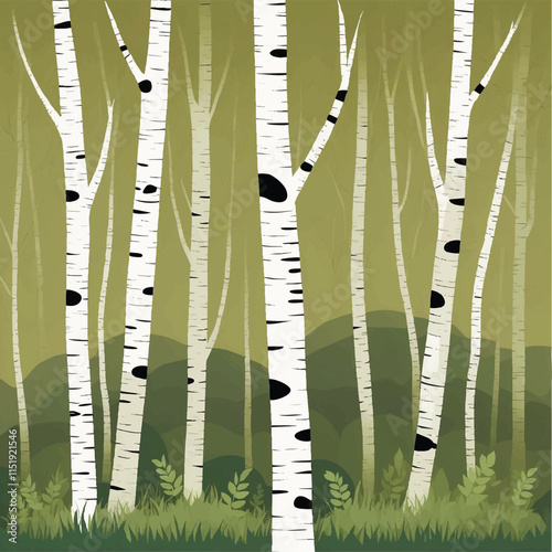Birch tree pattern. Seamless vector illustration pattern with meadow and spring birch trees. Ideal for textile, wallpaper or print design. Fabric Design for wallpapers, web site background, postcard.