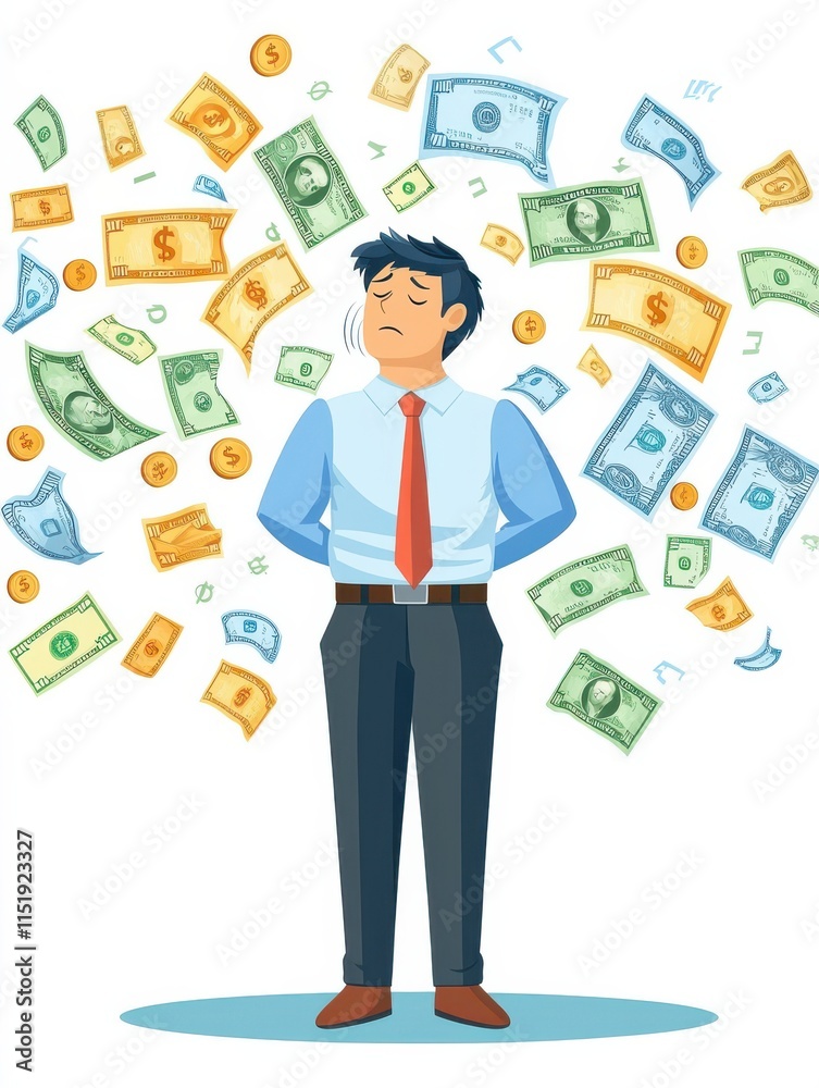 A businessman stands confidently amidst swirling money symbols, embodying wealth and success. A businessman stands confidently amidst swirling money symbols, embodying wealth and success.
