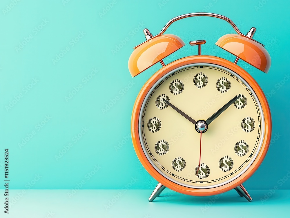 Orange alarm clock on a turquoise background, symbolizing time and money management. Orange alarm clock on a turquoise background, symbolizing time and money management.